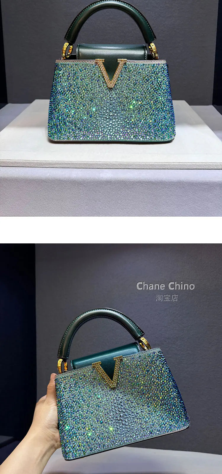 High Luxury Genuine Leather Diamonds Tote Women's Handbags 2025 Small Evening Bag V Letter Rhinestone Shoulder Crossbody Bags