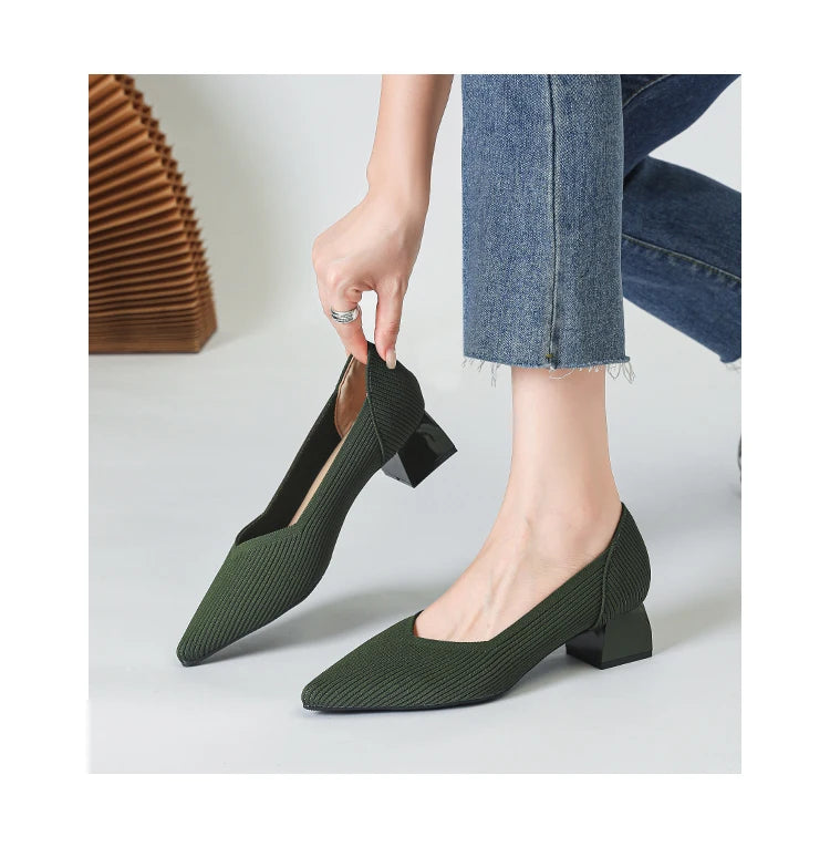 2026 New Women's High Heels Large 42/43 Fashion Pointed Anti slip Rubber Bottom Knitted Breathable Shoes