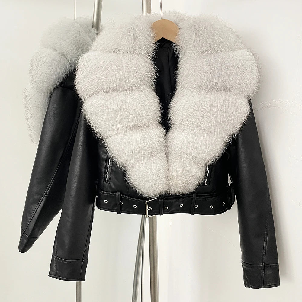 Fake Leather Coat New Natural Fox Fur Autumn Short Faux Leather Jacket Female Spring PU Women Long Sleeve Real Fur Coat Thin