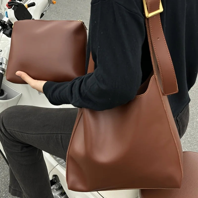 Women's Fashion Tote Bag, Minimalist Shoulder Handbag, Retro Faux Leather Bucket Bag, Polyurethane Lining, No Print