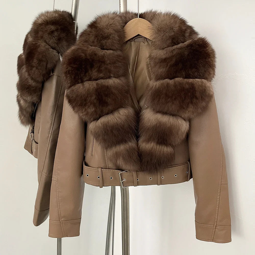 Faux PU Leather Jacket Natural Fox Fur Female New Autumn Short Top Clothing Women Long Sleeve Fake Leather Coat Real Fur Coat