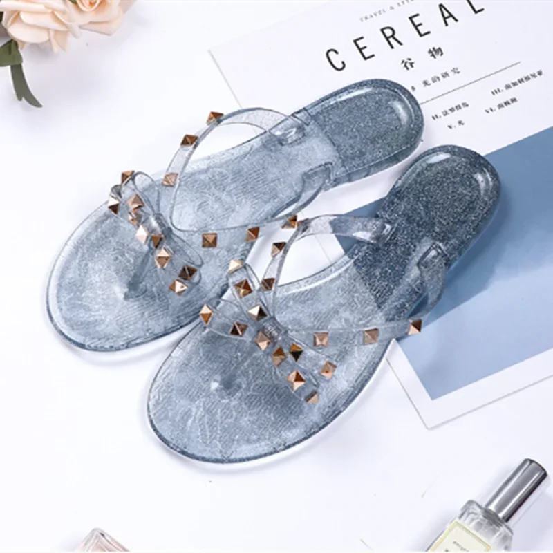 Women Low Pricing  Jelly Shoes Rivets Studs Bow-Knot Leisure Daily Flip-Flops For Raining Days Anti-Slip Flat Slippers Zoris 36