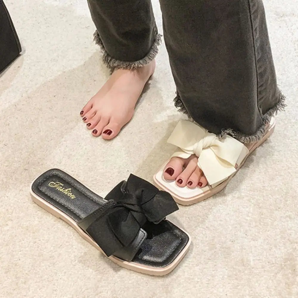 Casual Soft Sole Bowknot Slippers PVC Sweet Flat Slides Sandals Anti Slip Beachwear Slippers Women Summer