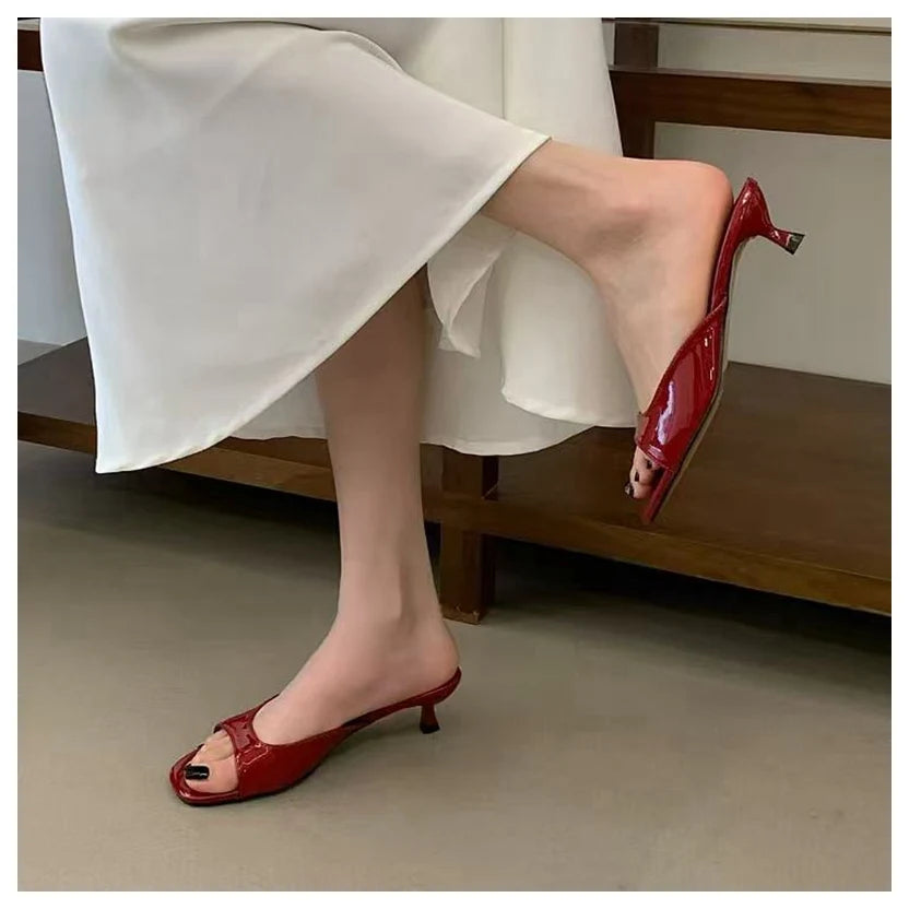 2026 Fashion Sexy Thin High Heels Slides Women Open Toe Pumps Slip Sandal Female Slippers Mule Patent Leather Outdoor Flip Flops