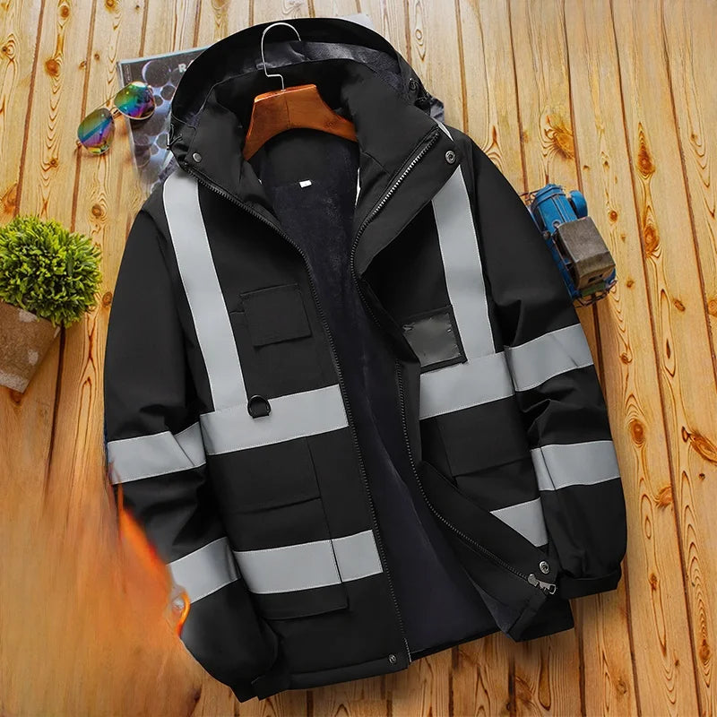Thiened Fce Workwear Jaet ex Warm Windproof Reflective Cotton Coat Men's Casual Sle Removable Hat Zipper Closure