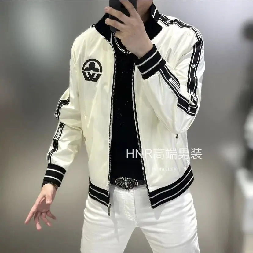 New men's stand-up neck webbing splicing letter printing pattern high quality trend casual versatile jacket