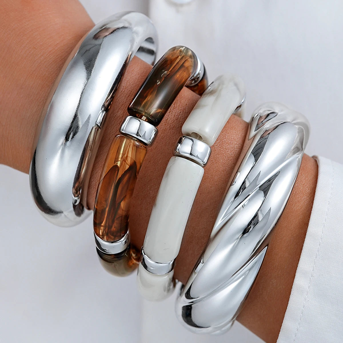 4 Pcs Exaggeration Irregular Geometric Wide Metal Bangles Women Acrylic Punk Chunky Cuff Elasticity Bracelets Minimalist Jewelry