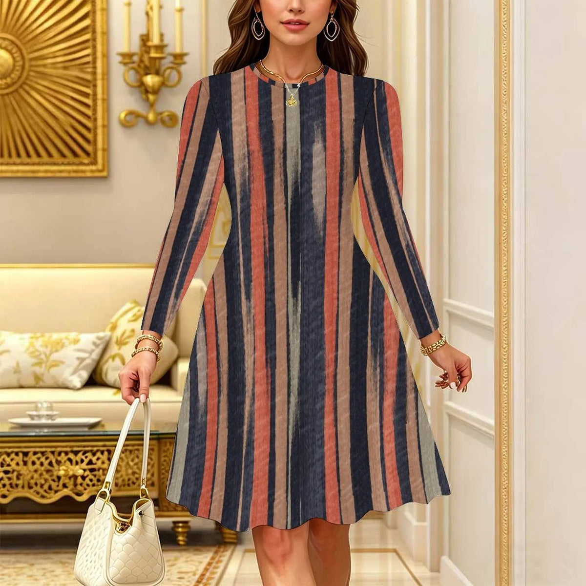 Women's Bohemian Casual Midi Dress Print Round Neck Long Sleeve A Line Loose Swing Dresses
