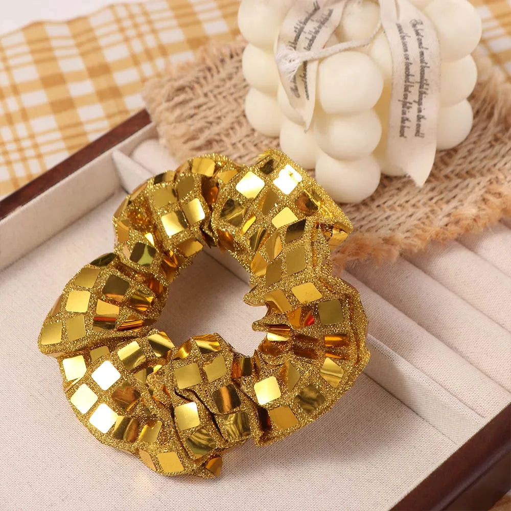 6pcs Square Sequin Sequin Hair Rope Retro Disco Pleated Design Rubber Bands Set Ponytail Holder Super Shiny