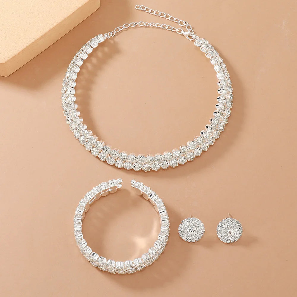 Light Luxury Double Layer Choker Necklace for Women Full Rhinestone Cuff Bracelet Stud Earring Braidal Wedding Party Jewelry Set