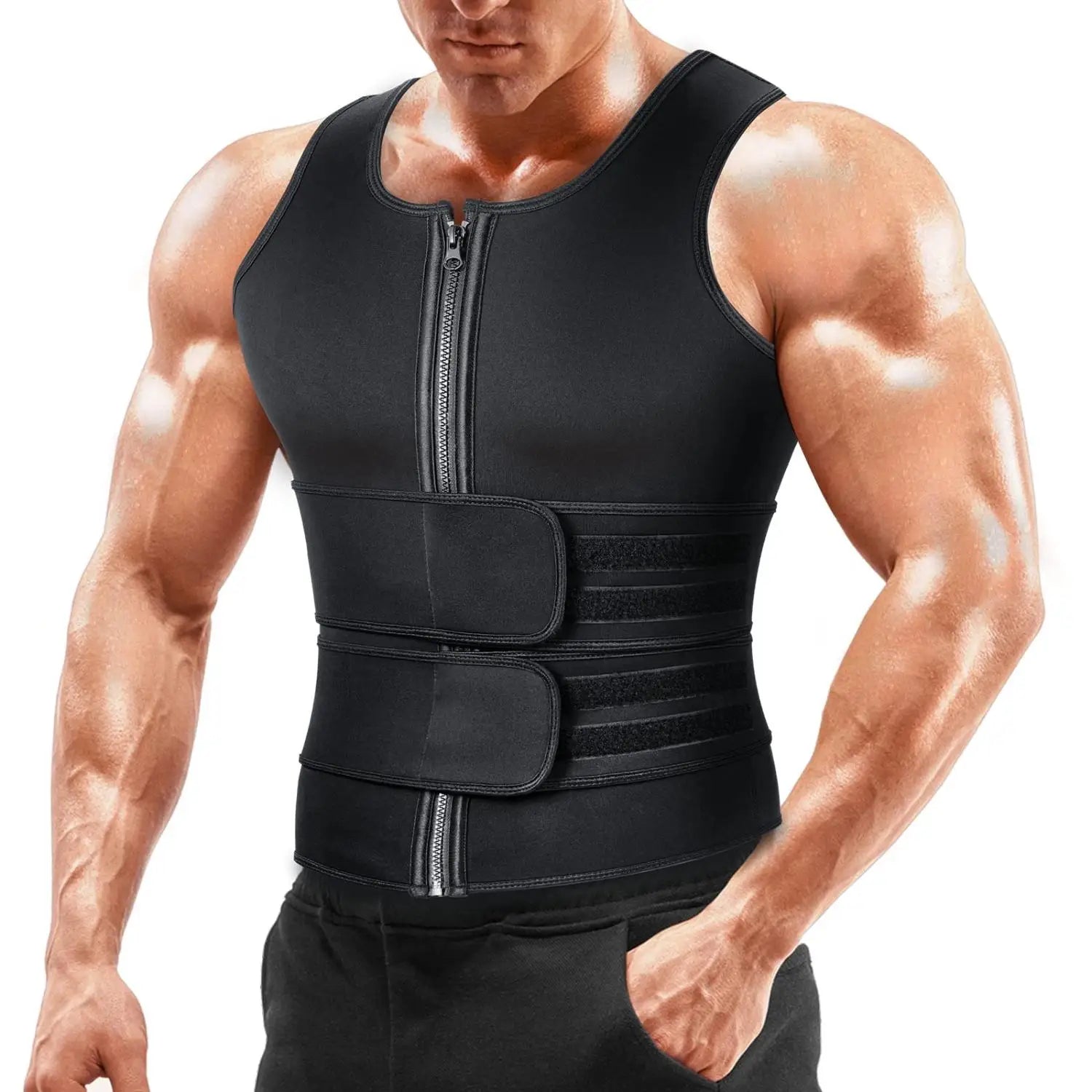 Sauna Vest Waist Trainer for Men Sauna Suit Double Sweat Belt Body Shaper for Gym Workout Exercise Zipper Tank Top Shapewear