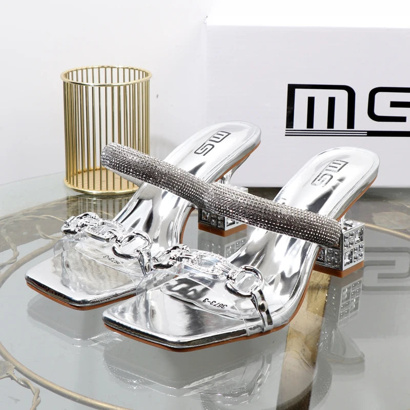 Women's slippers 2026 summer fashion Transparent belt metal decoration box shaped square Alien heel high heels wearing sandals