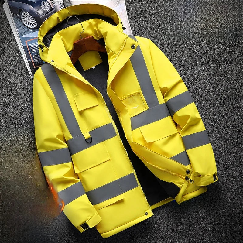 Thiened Fce Workwear Jaet ex Warm Windproof Reflective Cotton Coat Men's Casual Sle Removable Hat Zipper Closure