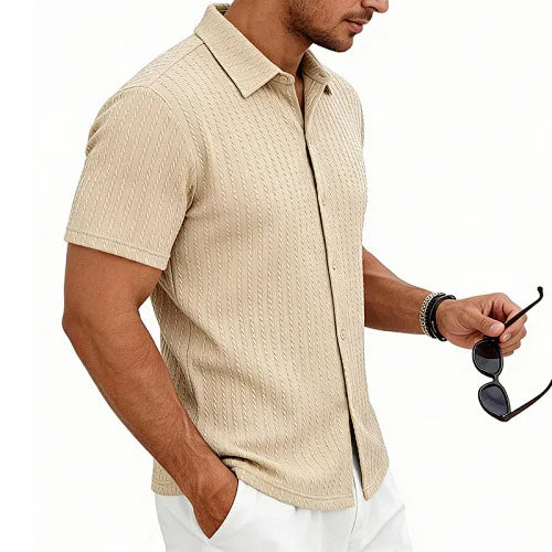 European and American Men's Casual Jacquard Shirt Men's Summer Solid Color Lapel Breathable Men's Short-Sleeved Shirt Top