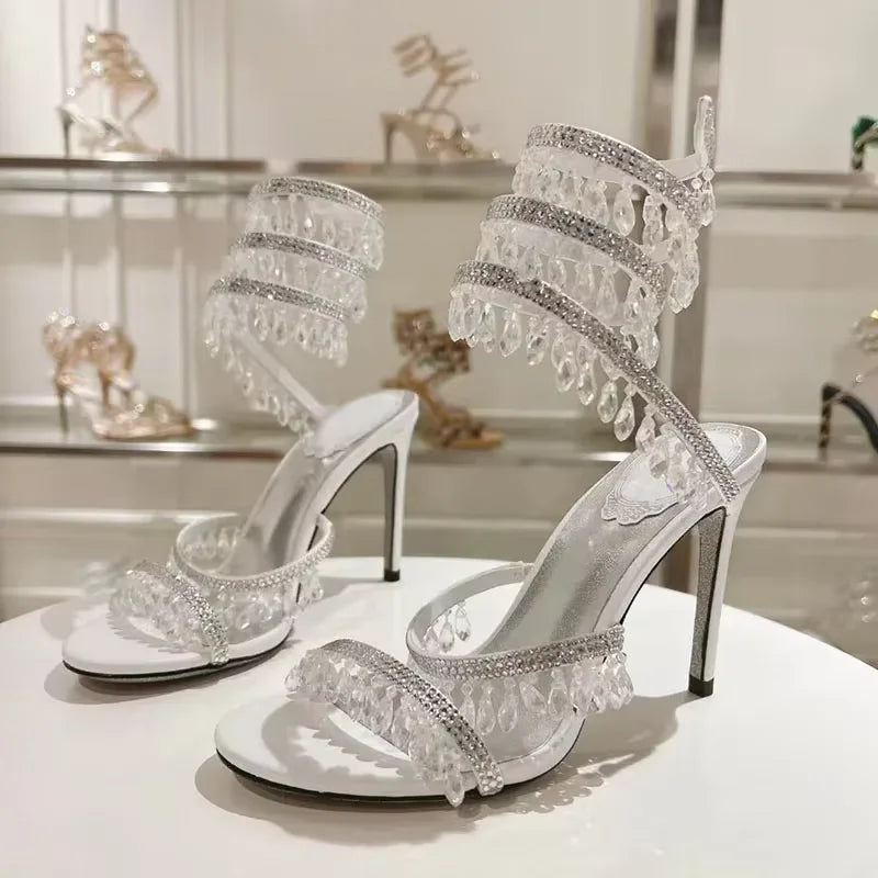 Summer High Heels Sandals Women Rhinestone String Bead Ankle Snake Twine Around Wedding Shoes Lady Gladiator Sandals Woman