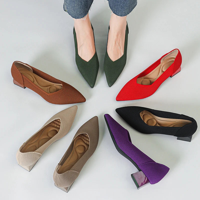 2026 New Women's High Heels Large 42/43 Fashion Pointed Anti slip Rubber Bottom Knitted Breathable Shoes