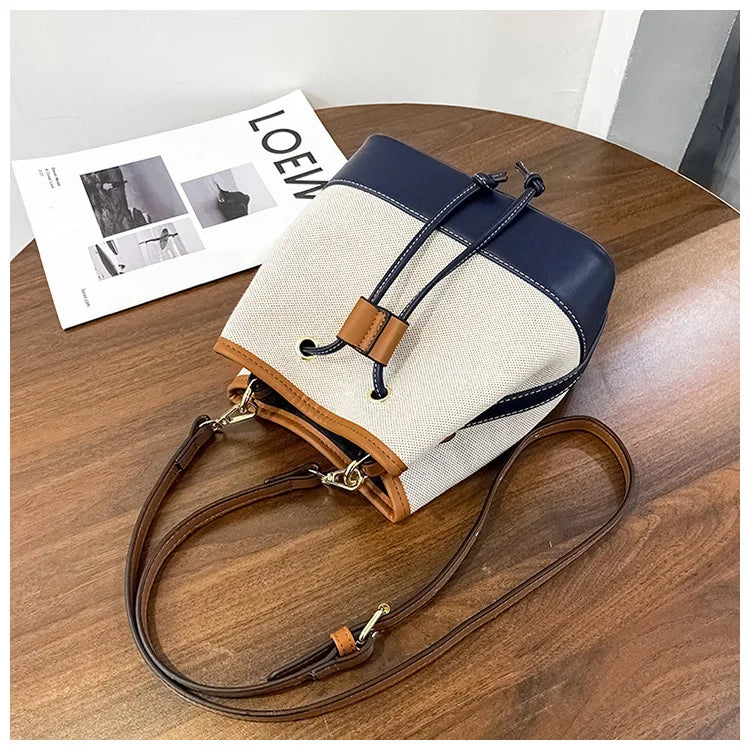 Canvas Bucket Bag Luxury Designer Handbags Women PU Shoulder Bag Fashion Crossbody Daily Commuting Tote Bag