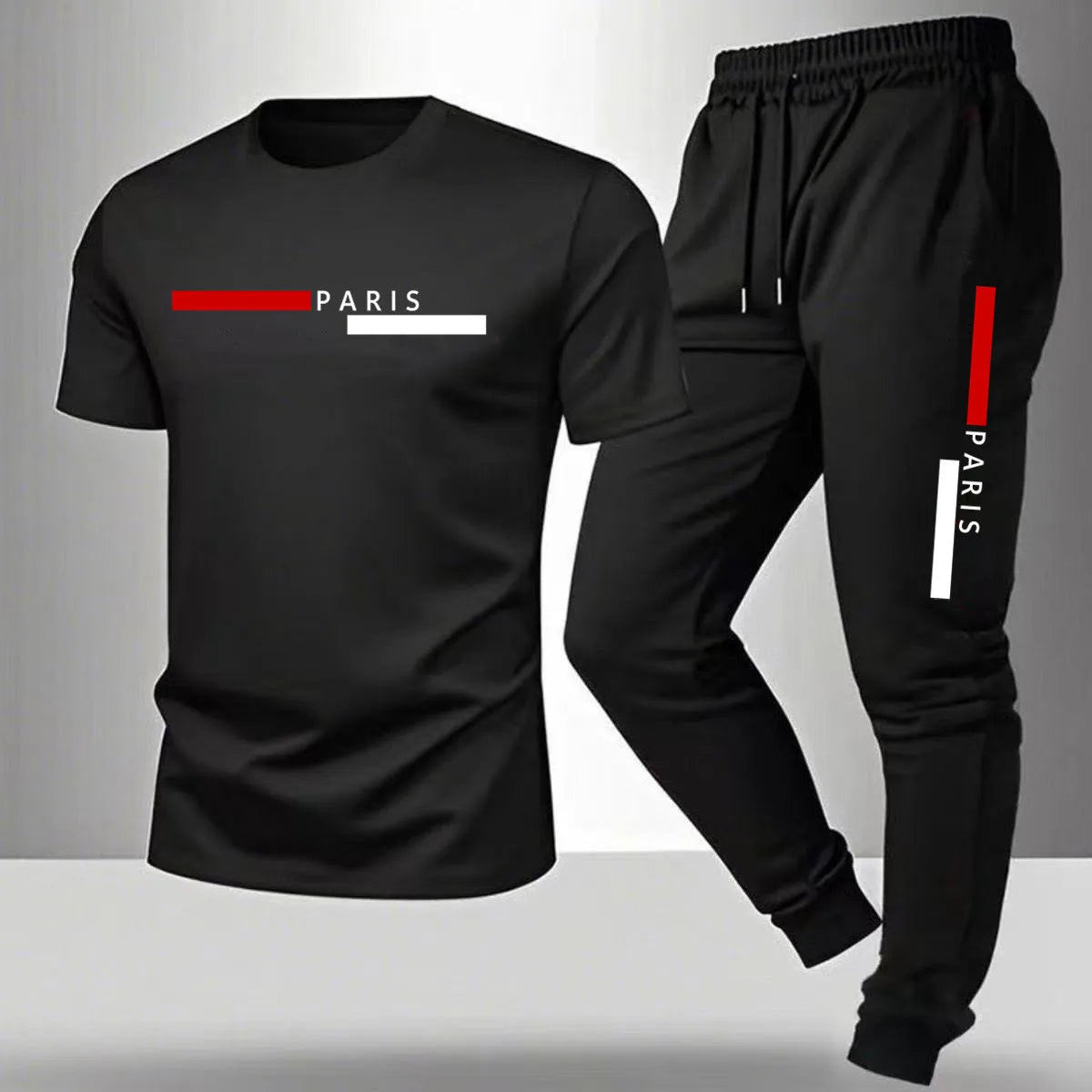 Men's casual sports outfit, printed round-neck short-sleeved T-shirt and long pants, suitable for outdoor wear.