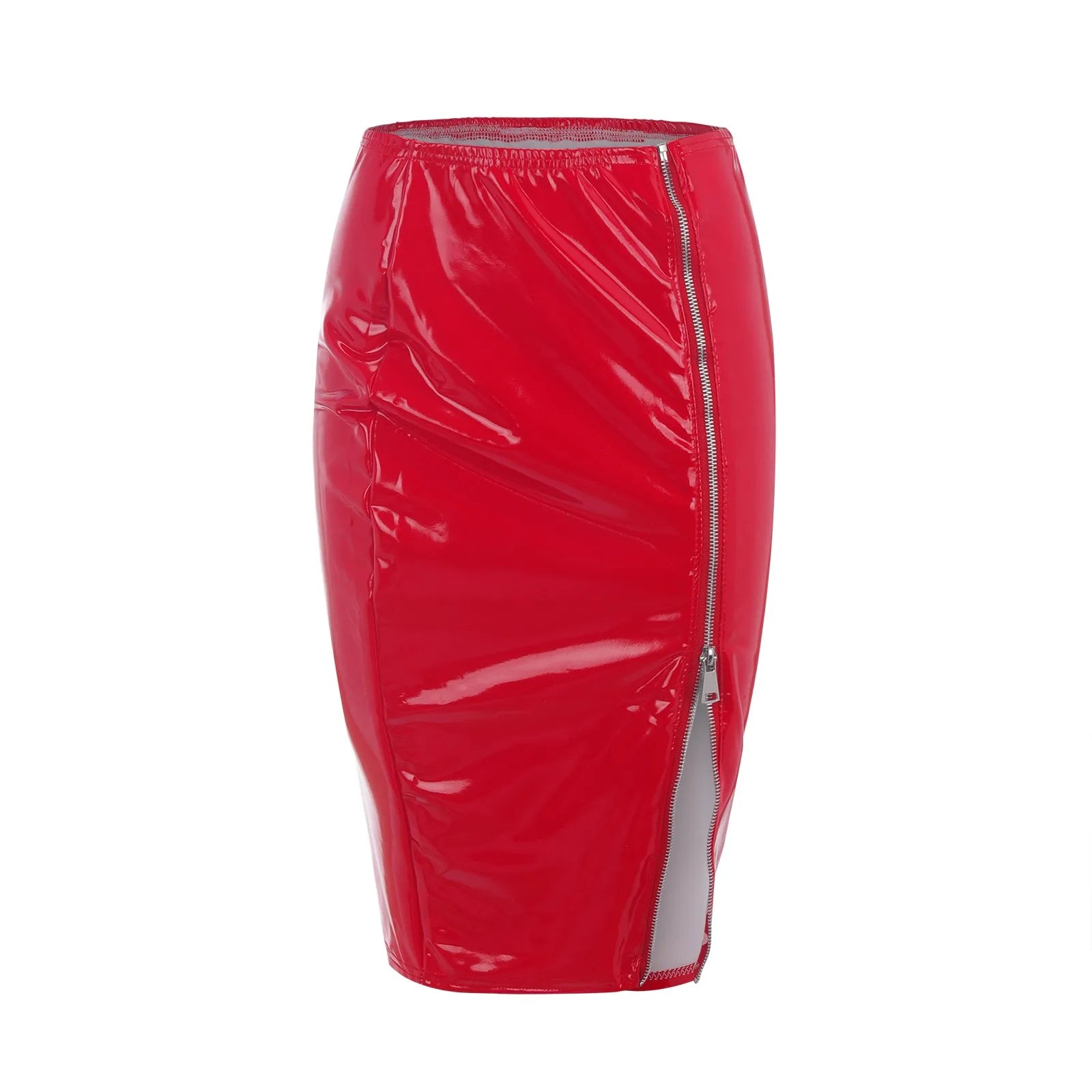 Fashion Womens Leather Skirt Bright Pvc Patent Leather Sexy Hip Wrapped Pencil Skirt Woman Side Zipper High Waist Skinny Faldas