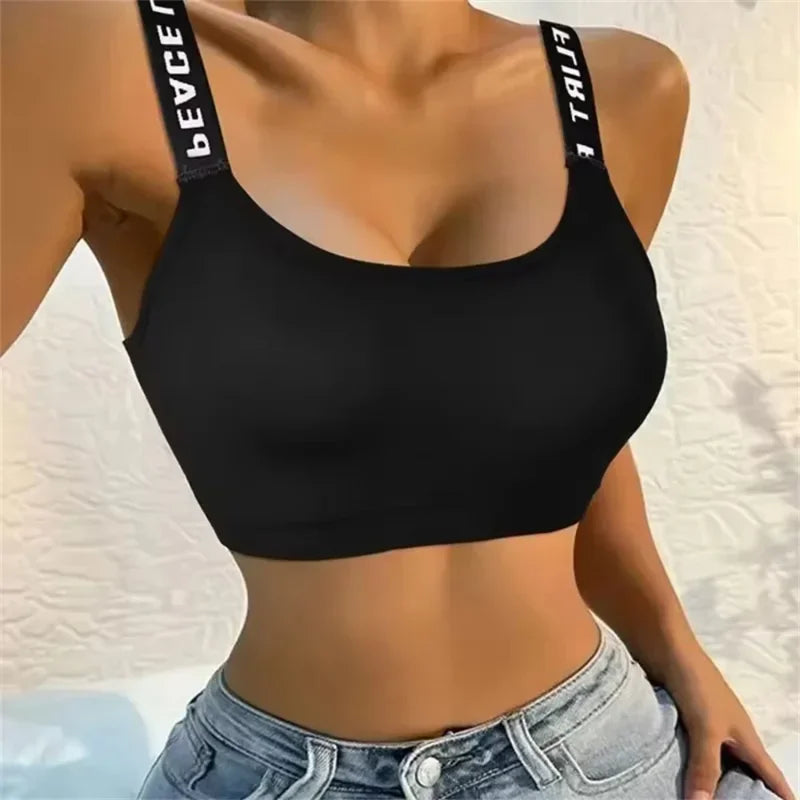 Sports Undertop Women Yoga Fitness Seamless Crop Top Wide Letter Straps Comfortable Workout Activewear Back Without Underwire I