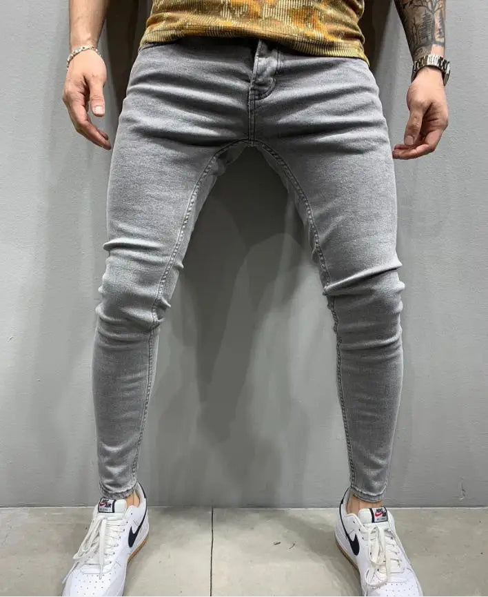 Men Jeans Knee Hole Ripped Stretch Skinny Denim Pants Solid Color Black Blue Autumn Summer Hip-Hop Style Slim Fit Trousers S-4XL