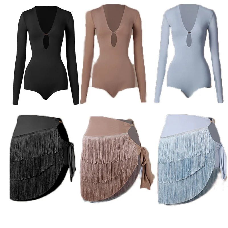 Adult Latin Dance Fringed Dress for Women Long-sleeved Bodysuit Tops Tassel Skirt Set Cha-cha Samba Training Performance Costume