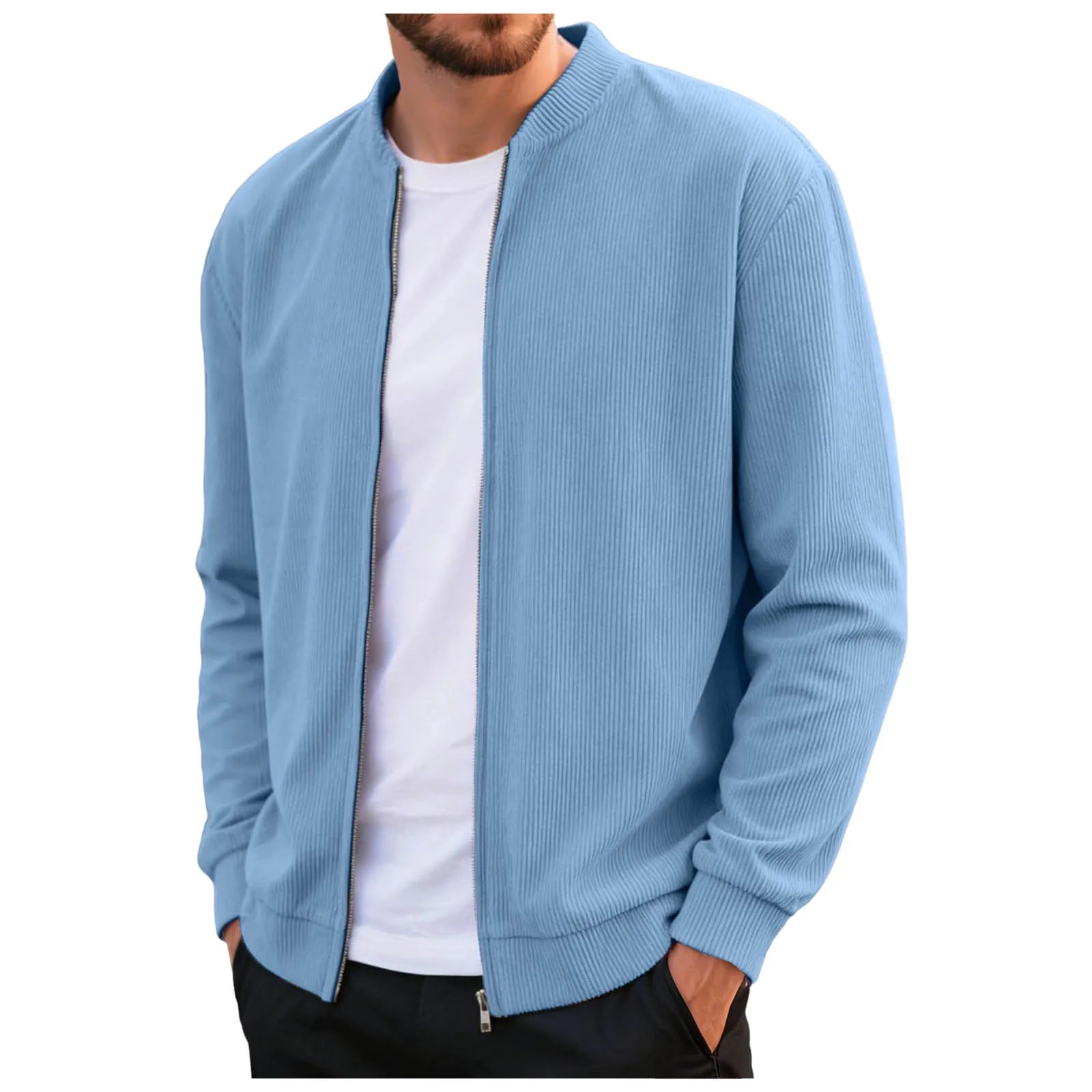 Corduroy Solid Color Men'S Casual Coat Round Neck Zipper Long Sleeve Outerwear Autumn/Winter Stylish Male Jacket Overcoat