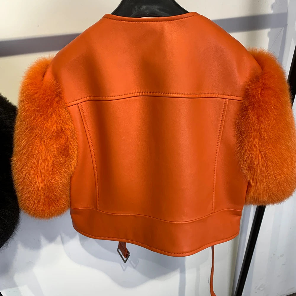 Leather Fur Jacket Natural Fur Sleeve Ladies Short Leather Jacket Real Fox Fur Sleeve Coat Women Autumn 21001-1