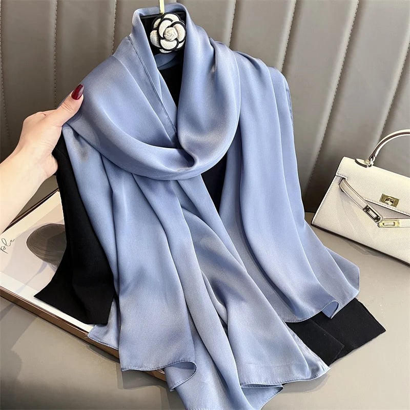 2024 Luxury Brand Silk Scarf for Women Large Shawl Wrap Headband Solid Design Hijab Beach Stoles Female Foulard Echarpe Bandana