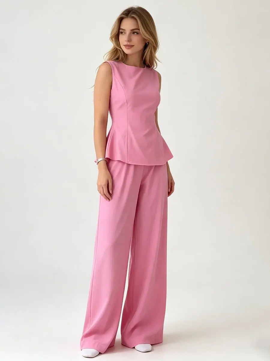 2026 Women Elegant Back Tie Sleeveless Peplum Top + Wide Leg Pants 2 Piece Casual Set