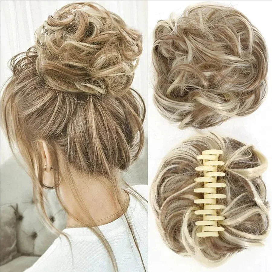 Synthetic messy hair clip bun short curly hair clip in a woman's ponytail hair extension bun wig