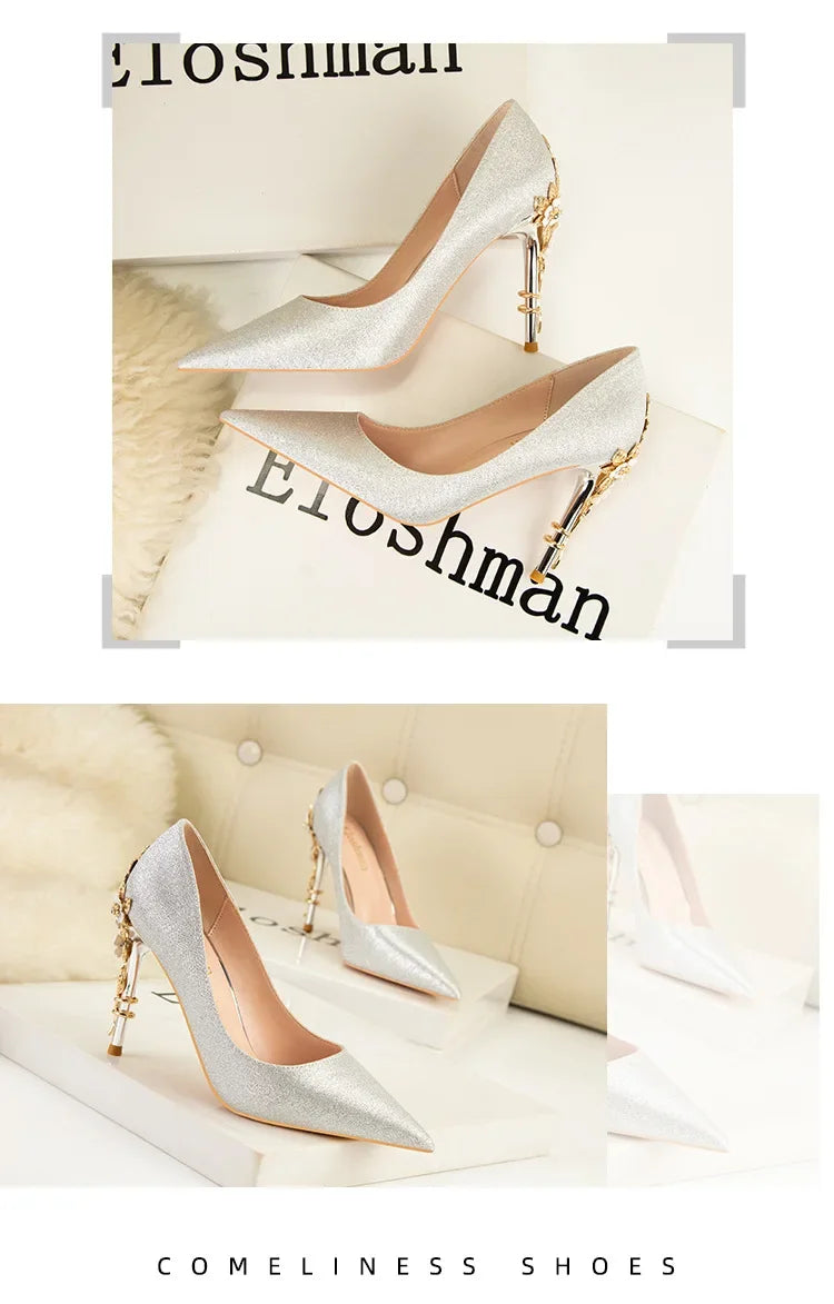 High End Metal Flower High Heels New European American Fashion Luxury Sexy Pointed Women's Shoes Banquet Party Casual Shoes