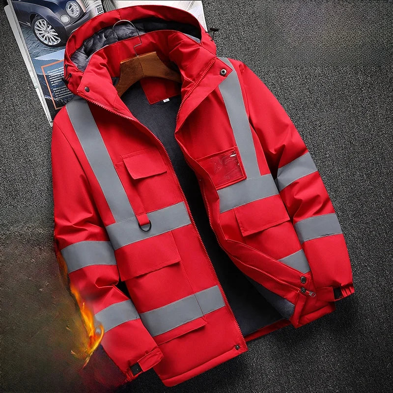 Thiened Fce Workwear Jaet ex Warm Windproof Reflective Cotton Coat Men's Casual Sle Removable Hat Zipper Closure