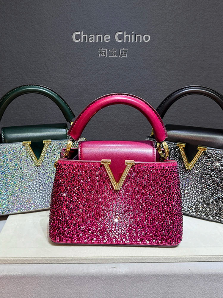 High Luxury Genuine Leather Diamonds Tote Women's Handbags 2025 Small Evening Bag V Letter Rhinestone Shoulder Crossbody Bags