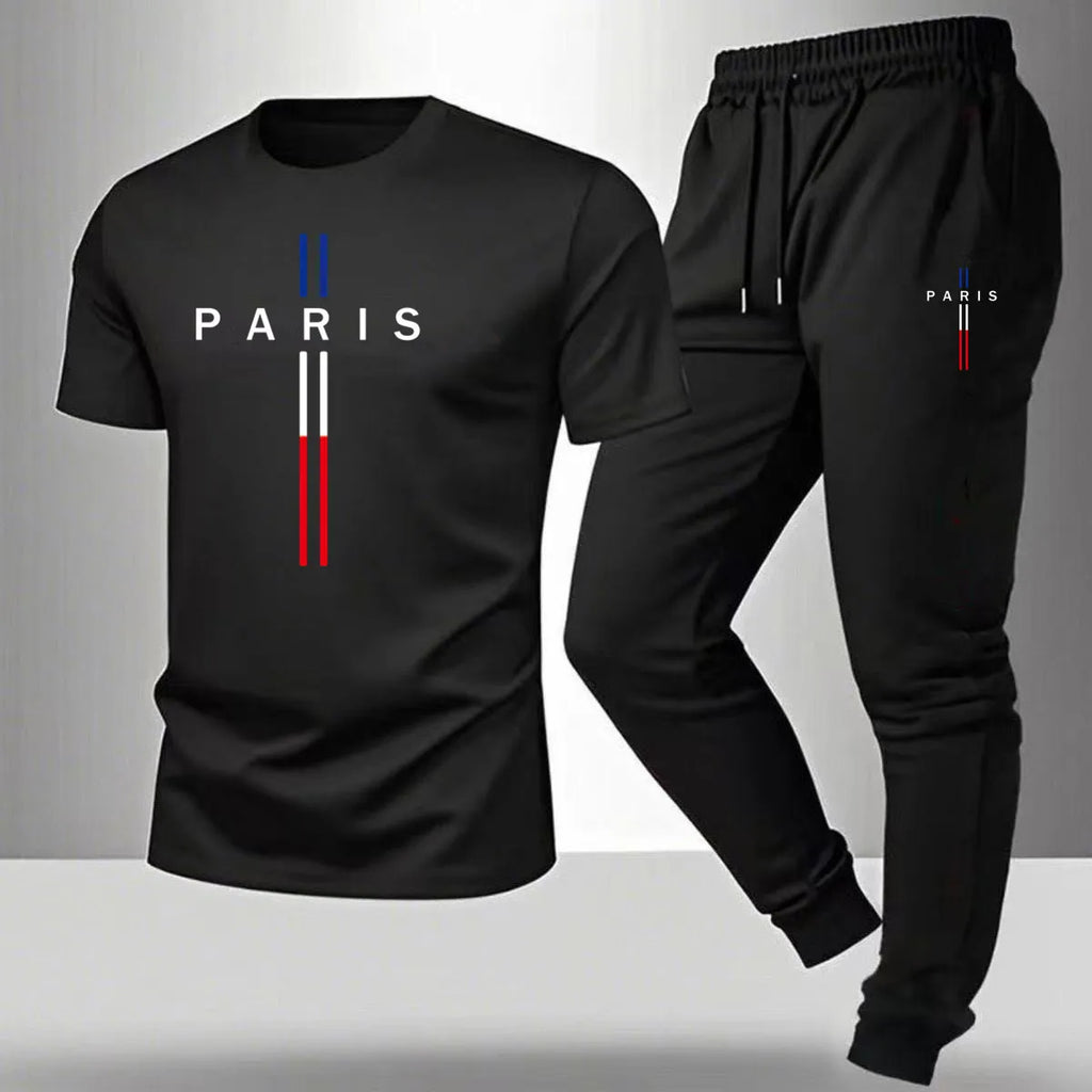 Men's casual sports outfit, printed round-neck short-sleeved T-shirt and long pants, suitable for outdoor wear.