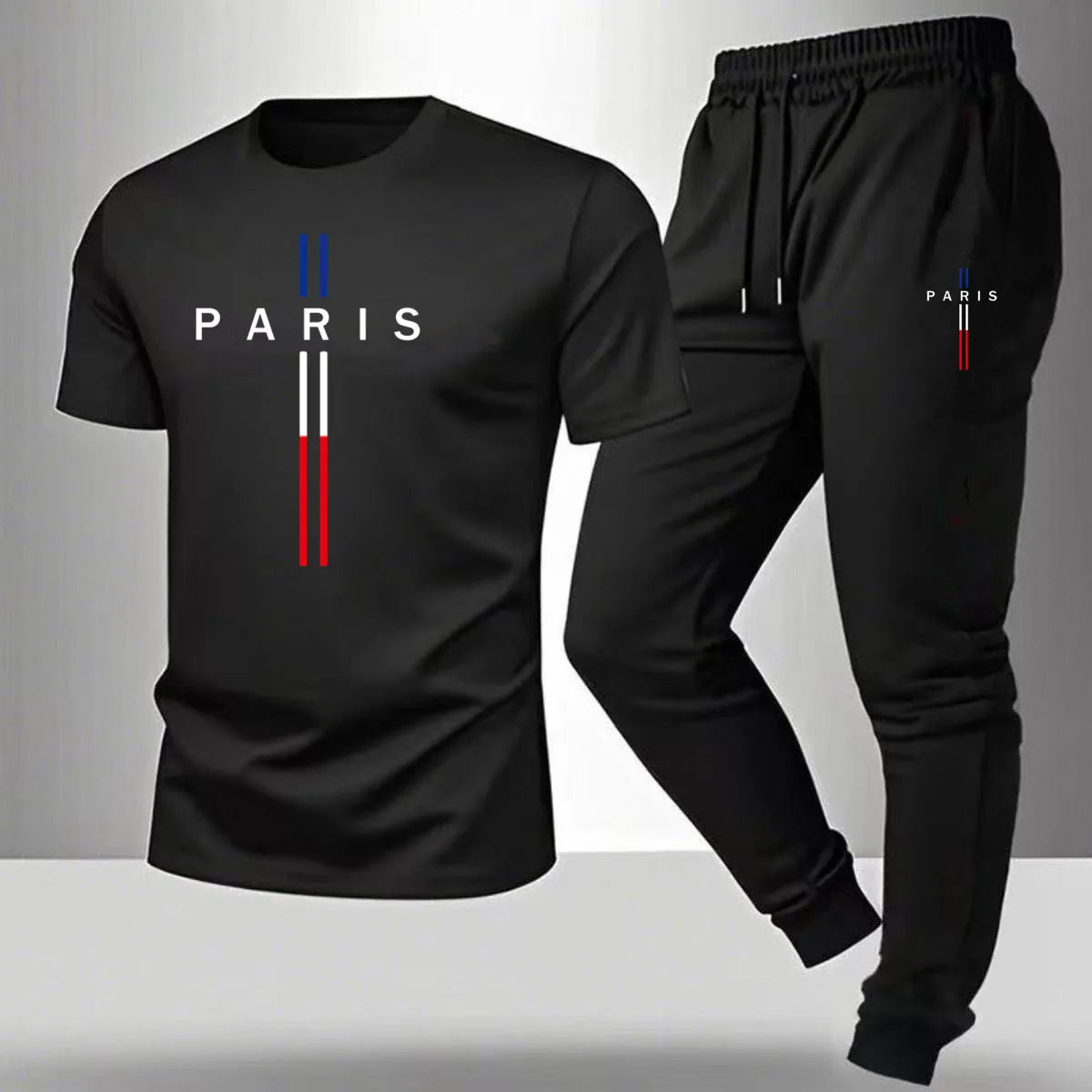 Men's casual sports outfit, printed round-neck short-sleeved T-shirt and long pants, suitable for outdoor wear.