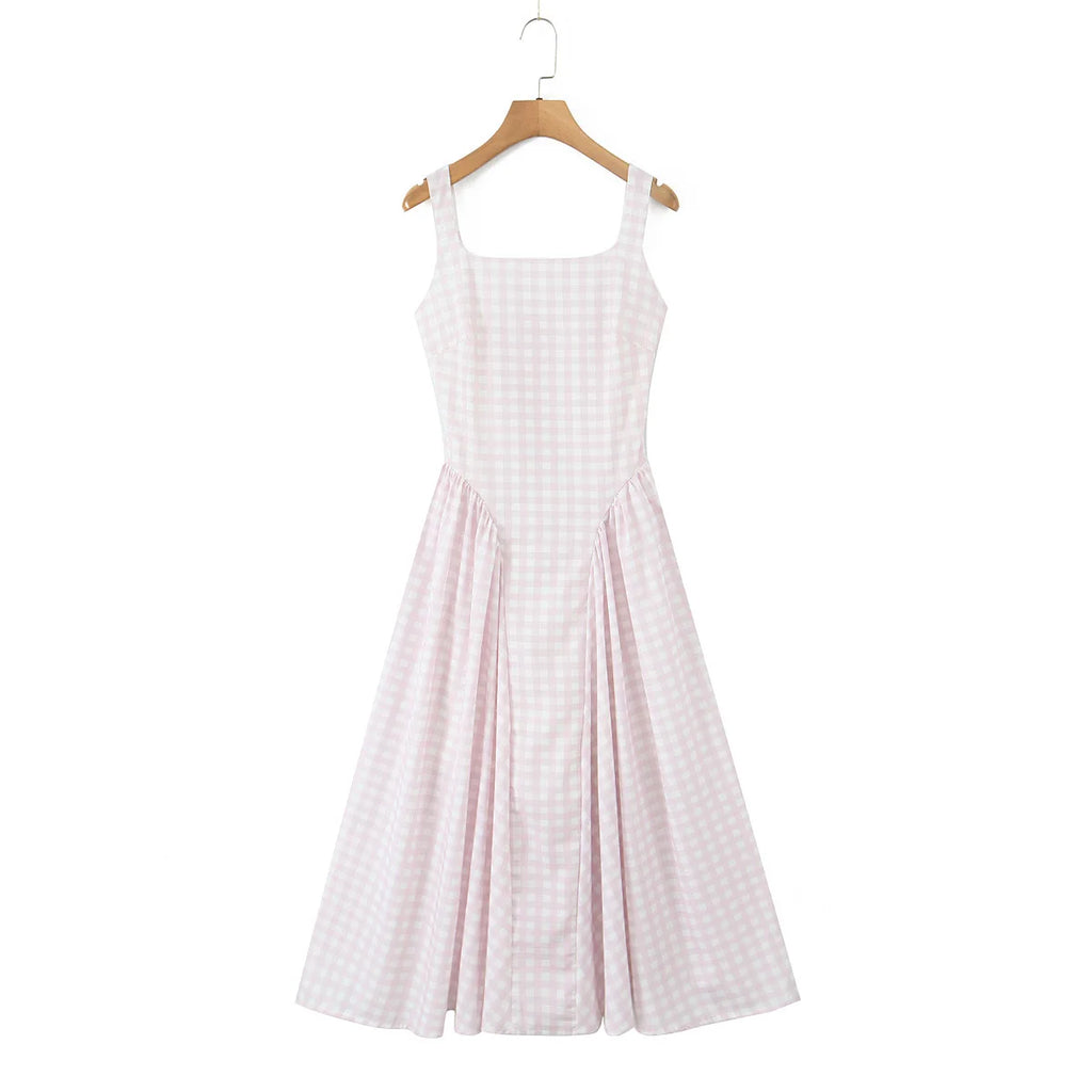 YENKYE Lace Up Bandage Plaid Sling Dress Women Elegant Square Neck Low Waist A-line Midi Summer Dresses Holiday Party Robe 2025