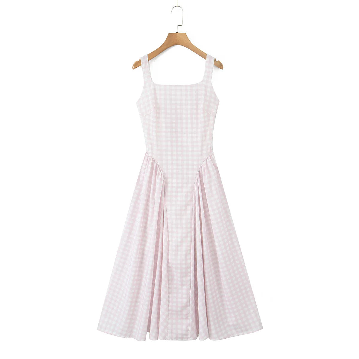 YENKYE Lace Up Bandage Plaid Sling Dress Women Elegant Square Neck Low Waist A-line Midi Summer Dresses Holiday Party Robe 2025