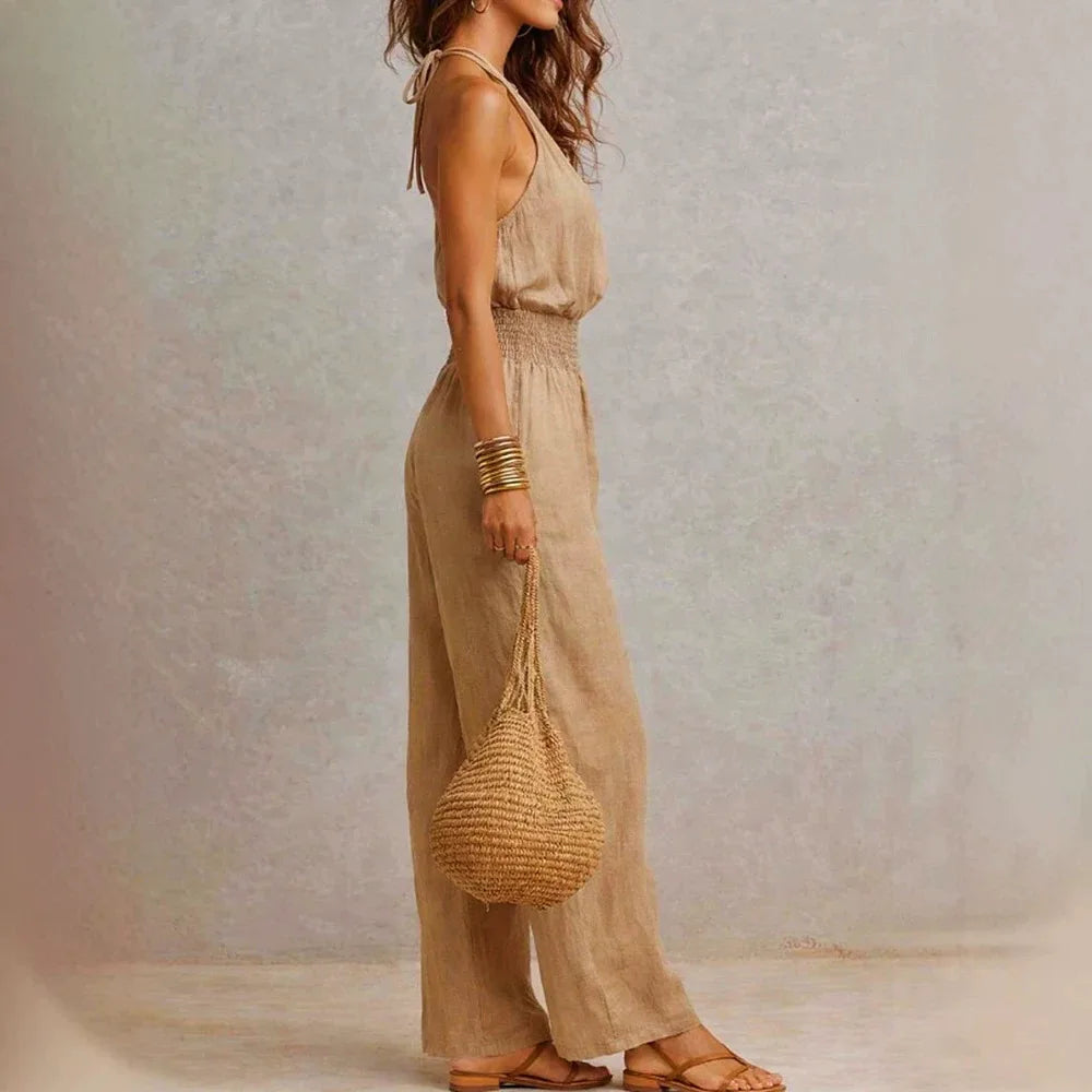 New Sleeveless Linen Backless Jumpsuit Women's Cross-Border Street Style Wide Leg Pants Long Trousers No Neck Label