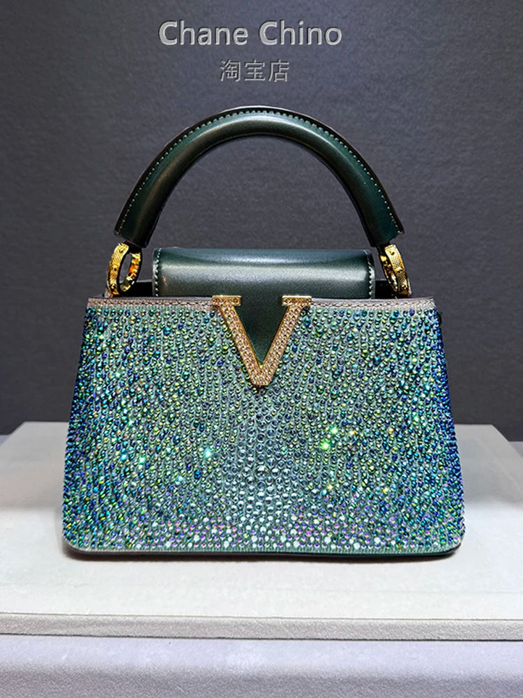 High Luxury Genuine Leather Diamonds Tote Women's Handbags 2025 Small Evening Bag V Letter Rhinestone Shoulder Crossbody Bags