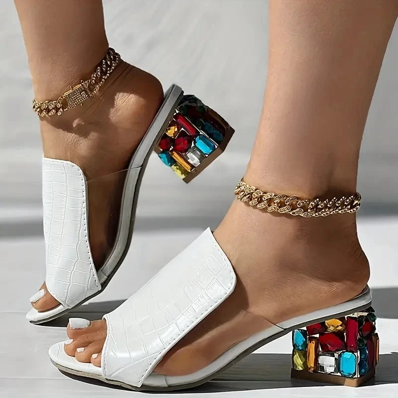 Women Crystal Sandals 2026 New Spring Summer Open Toe Sandals Square Heels Beach Fashion Sandals Women Sandalias De Mujer