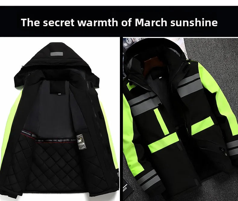 Thiened Fce Workwear Jaet ex Warm Windproof Reflective Cotton Coat Men's Casual Sle Removable Hat Zipper Closure
