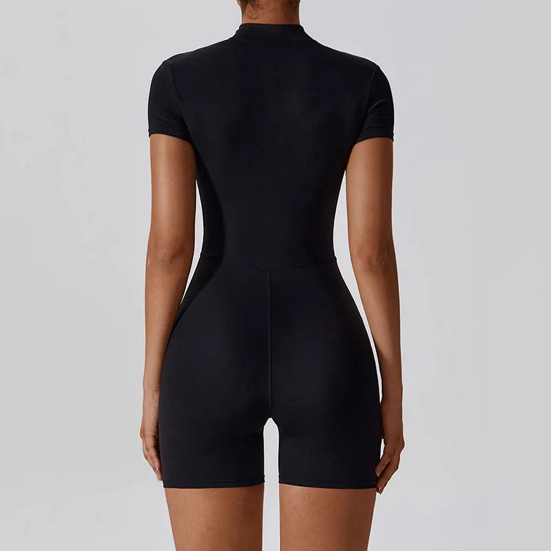 Women's Zipper Short-Sleeve Yoga Jumpsuit - Quick-Dry Breathable Tight Fitness Onesie for Gym Running Sportswear