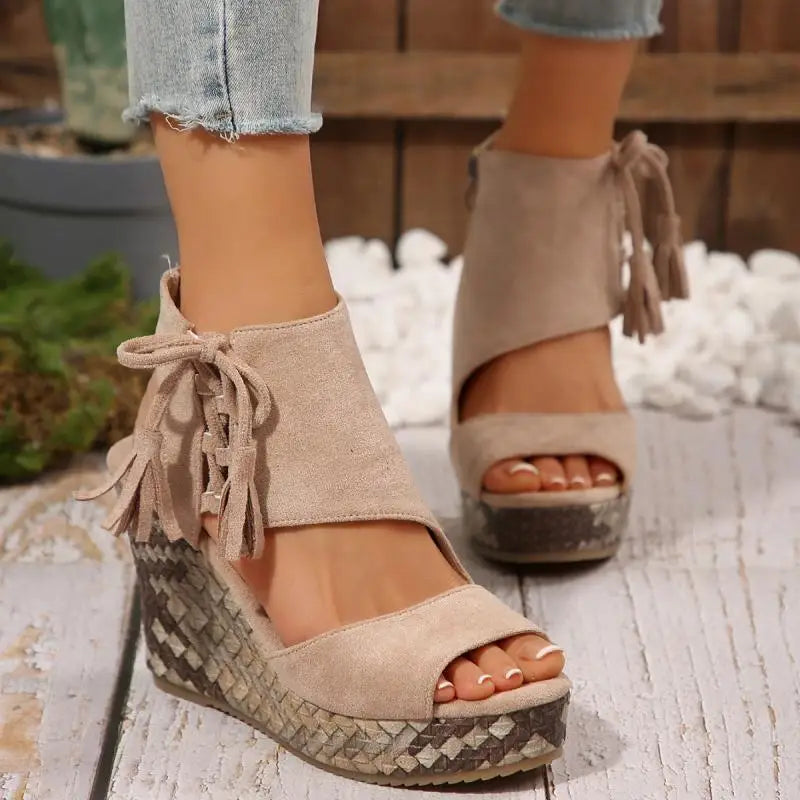 Bohemia Tassel Decoration Side Zip Sandals Women 2026 Summer Chunky Platform Wedge Heel Sandals Sexy Super High Heel Beach Shoes