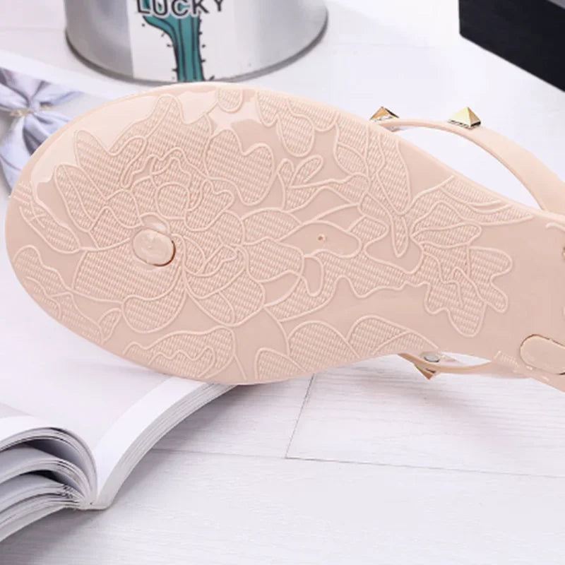 Women Low Pricing  Jelly Shoes Rivets Studs Bow-Knot Leisure Daily Flip-Flops For Raining Days Anti-Slip Flat Slippers Zoris 36
