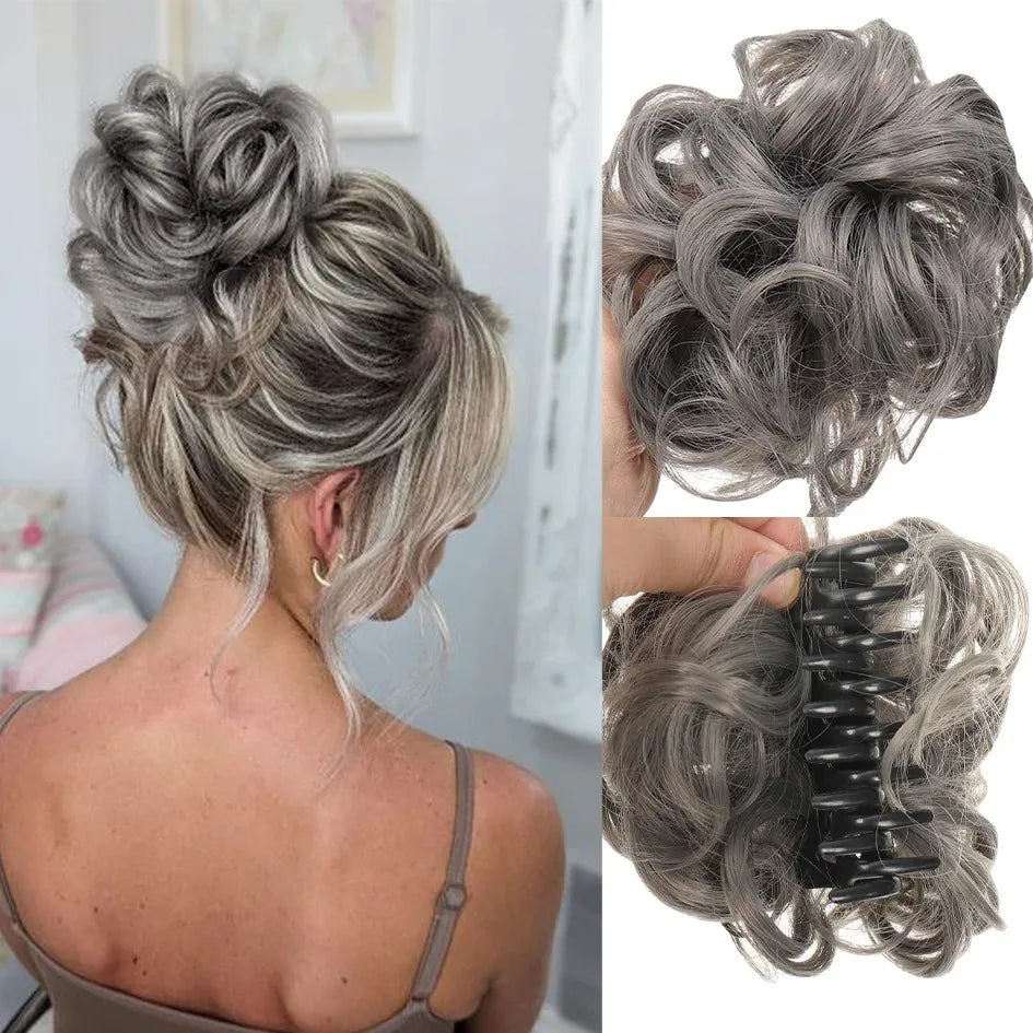 Synthetic messy hair clip bun short curly hair clip in a woman's ponytail hair extension bun wig
