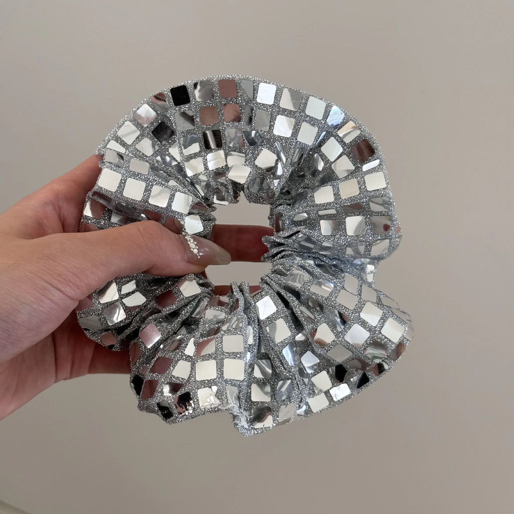 K-style Vintage Glitter Silver Scrunchies Sparkly Hair Ties for Women Chunky Sequin Ponytail Holder Party Elastic Hair Bands
