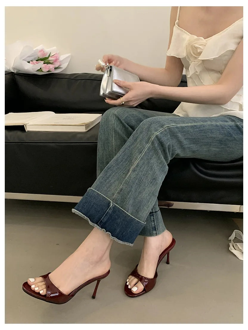 2026 Fashion Sexy Thin High Heels Slides Women Open Toe Pumps Slip Sandal Female Slippers Mule Patent Leather Outdoor Flip Flops