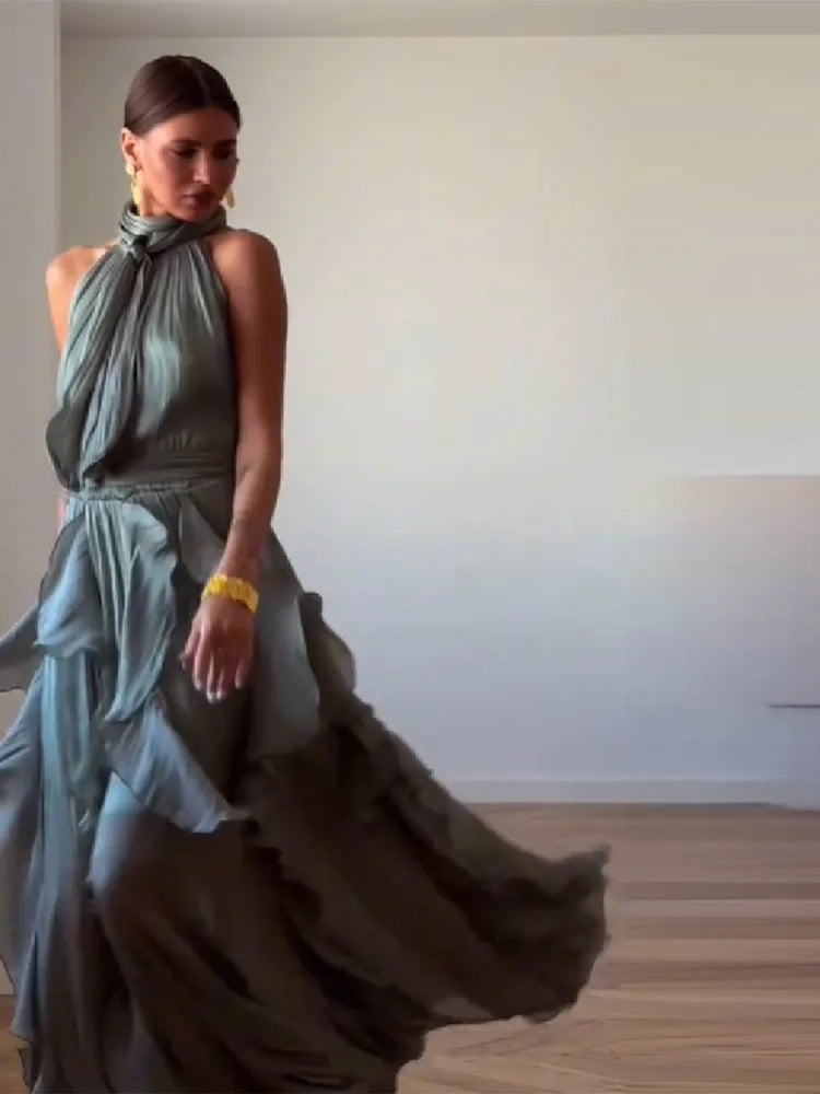 Elegant Halter Neck Satin Maxi Dresses For Women Ruffle Hem Pleated Waist Formal Evening Gown 2026 Vacation Vestidos