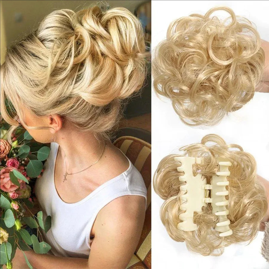 Synthetic messy hair clip bun short curly hair clip in a woman's ponytail hair extension bun wig